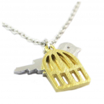 7bis [P5860] - Bracelet artisanal 'Oiseau & Cage' argent&eacute; dor&eacute; - 15x10 mm h&otilde;be