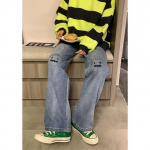 Naiste teksad k&otilde;rge v&ouml;&ouml;kohaga sirge kottis mood p&uuml;ksid T&auml;navar&otilde;ivad Harajuku Vintage vabaaja naiste laia s&auml;&auml;rega teksap&uuml;ksid XXXXL sinine