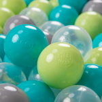 KiddyMoon 100 pallid 7cm/2,75 tolli pehmest plastikust m&auml;ngupallid lastele, sertifitseeritud made in eu, t&uuml;rkiissinine/heleroheline/hall/transpa 100 Balls/7cm-2.75in