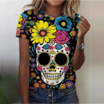 Scary Flower Skull Print Suvine naiste T-s&auml;rk O-kaelusega l&uuml;hikeste varrukatega T&auml;nava lahedad topid Teesed Naiste &uuml;lisuured riided vabaaja topp adultXXS