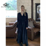 Kevadine s&uuml;gisene Lazy Sense vabaaja V-kaelusega pikkade varrukatega kleit Design Sense Korea stiilis must samet salendav kleit M must