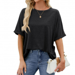 Naiste Mood Suures suuruses T-s&auml;rgid Suvised vabaaja &uuml;mmarguse kaelusega l&uuml;hikeste varrukatega pullover, lahtine T-s&auml;rk S must