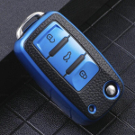 Nahk+TPU auto kaugjuhtimispuldi v&otilde;tmekaane &uuml;mbris Volkswagen VW Bora Polo Tiguan Jetta Passat B5 B6 B7 Golf Beetle jaoks Skoda Octavia jaoks sinine