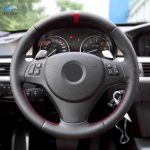 For BMW 1 3 Series E82 E87 E90 X1 E84 old 2011-2013 Car Steering Wheel Cover Trim Hand Stitched Black Leather with red strip