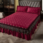 Luksuslik paksu sametist tepitud voodi seelik tikitud voodikate Pehme l&uuml;hike pl&uuml;&uuml;s King-suuruses voodilina ilma padjap&uuml;&uuml;rita 1pc Skirt 150x200cm veinipunane v&auml;rv