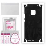 apgo kaitsev nahakleebis tagak&uuml;ljele ja k&uuml;lgedele, mis &uuml;hildub Huawei Mate 20 Pro-ga, t&auml;iskile, foolium, vin&uuml;&uuml;l &ndash; mustriga must kaamo