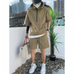 Suvine Cargo Style Komplekt Meeste vabaaja kapuutsiga soliidne l&uuml;hikeste varrukatega T-s&auml;rk L&uuml;hikesed p&uuml;ksid Lahe Fashion Ilus dressipluus 4XL must