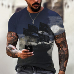 Vintage Meeste T-s&auml;rgid 3D-tr&uuml;kiga Pirate Ship Crew Kaelusega l&uuml;hikeste varrukatega T-s&auml;rk meestele Suurem&otilde;&otilde;dulised topsid T-s&auml;rk Homme Camiseta 2XL