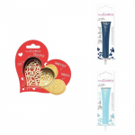 Kit pour biscuit en relief Coeur + 2 Stylos au chocolat bleu nuit et bleu pastel hall