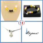Pierres et Min&eacute;raux. Parure Bracelet Collier Perles Obsidienne noire + Agate jaune + Taille personnalisable.