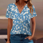 Naiste T-s&auml;rk T-s&auml;rk, tr&uuml;kitud l&uuml;hikeste varrukatega igap&auml;evane n&auml;dalavahetuse mood, tavaline V-kaelusega topp L sinine