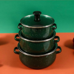 3 t&uuml;kki emailitud kaanega supipott, keedupott, loomingulised kuumakindlad topeltk&auml;epidemed, aeglane roheline