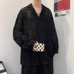 Men's Trendy Cuban Collar Jacquard Shirt - Solid Color, Long Sleeve, Loose Fit, Japanese Style M aprikoosi