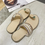 Zapatillas de verano europeas y americanas para mujer, chanclas modernas con flor de pi&ntilde;a, perlas para estudiantes, 35 beež