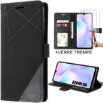 Lot de 2 verres tremp&eacute;s+ coque pour xiaomi redmi 9a int&eacute;grale cuir synth&eacute;tique noir