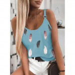 Uued naistemood, suvine vabaaja sulgedega mustriga spagetid, varrukateta topid S sinine