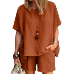 Naiste puuvillase lina 2-osaline komplekt l&uuml;hikeste varrukatega &uuml;mara kaelusega pulloveri ja l&uuml;hikeste p&uuml;kstega taskutega suvine vabaaja koduriiete dressipluus 2XL