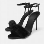 Seksikad Mustad Karusnahksed Sandaalid Naistele Kohevad K&otilde;rged Kontsad Stilettos Ankelrihmaga Avatud Varvastega Suvised Peokingad Daamide &Ouml;&ouml;klubi Kleitkingad 36 must