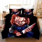 Nukufilmi &otilde;udusnukk Voodipesukomplekt 3D-tr&uuml;kiga Tekikatted Komplektid Padjap&uuml;&uuml;ridega Child of Play filmi tegelane Chucky nukk Voodipesu EU Single(135*200cm)3pcs