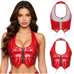 S-XXL Naiste L&auml;ikiv PU Nahast Halter L&uuml;hike Top Eesmise T&otilde;mblukuga Tagant Paelaga V-kaelusega Mini Korsett Y2k Klubiriietus Tank Topp S