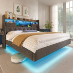 Polsterdatud voodi 160x200 cm, LED-valgustus, Peatsi ja laadimisjaam (1 Type-C, 3 USB-porti), Liistraam, Linane, Hall (Ilma madratsita) 211 x 167 x 114 cm hall