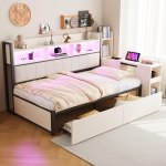 Raudne diivanvoodi 90 x 200 cm, Panipaikade ja kapikestega, Pistikupesade ja LED-valgustusega, Komplektis suured sahtlid ja v&auml;ljat&otilde;mmatav laud, Valge 241 x 114.2 x 113 cm valge