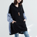 Johnature Autumn Plus Stripe Splicing Kapuutsiga kraega kapuutsid vabaaja Korea naiste riided Pullover Pikad kampsunid XL must