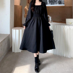 Vintage must kleit naiste prantsuse elegantne kandiline krae pikkade varrukatega midi kleit S&uuml;gisene naiste retroriided &scaron;ikk korea S must
