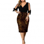 Stiilne pidulik kleit helmestega dekoor Suures suuruses Nahka puudutav naiste kontoris Daami litrid puusam&auml;hisega Midi kleit t&auml;navar&otilde;ivad XL kuldne/must