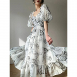Summer Floral Print Dress Women Sexy French Style Vintage Party Midi Dresses Casual Korean Fashion Elegant Retro Dress 2024 New S hall