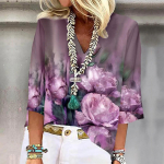 Naiste s&auml;rkpluus vabaaja s&auml;rgid 3/4 varrukatega tr&uuml;kitud V kaelusega T-s&auml;rgid T-s&auml;rgid XXL tumelilla v&auml;rv