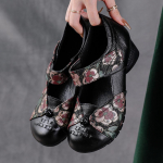 Johnature &Uuml;mmargused paksud kontsad Naiste sandaalid Etnilises stiilis ehtsast nahast tr&uuml;kitud pehme tallaga kingad 39 must