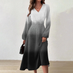 Naiste s&uuml;gis- ja talvine vabaajamoodne V-kaelusega pikkade varrukatega pikk kleit L sinine