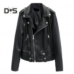 Naiste jope Kunstnahast sileda pinnaga Keeratav krae T&otilde;mblukuga t&otilde;mblukk Dekoratsioon Pikad varrukad Mootorrattamantel reisi&uuml;ler&otilde;ivad XXXL must