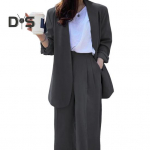 2 tk/komplekt Lady pidulik mantlip&uuml;kste komplekt pikkade varrukatega avatud &otilde;mblemisega kardigan keskmise pikkusega jope lahtine sirge laia s&auml;&auml;rega k&otilde;rge v&ouml;&ouml;kohaga p&uuml;ksid ametlikud &auml;ri S tumehall v&auml;rv