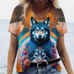 Naiste T-s&auml;rk V-kaelusega l&uuml;hikeste varrukatega T-s&auml;rk 3D Wolf Print T-s&auml;rk naistele Suvine vabaaja Naljakas naiste riided Vintage uus pullover S