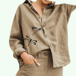 Naiste moodne rev&auml;&auml;rikaelusega pluus Naiste vabaaja puuvillane linane &uuml;laosa tr&uuml;kiga n&ouml;&ouml;biga s&auml;rk S valge