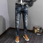 Meeste Slim Fit teksad - Vintage pesuga sinine ja must tikandiga, Euroopa ja Ameerika t&auml;navastiil 34