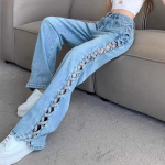 Kevad ja Suvi Naiste Vabaaja Mom Jeans Aukudega K&otilde;rge V&ouml;&ouml;koht P&uuml;ksid N&ouml;&ouml;bid T&otilde;mblukk Lai Jalg P&uuml;ksid Kontori Daam L&otilde;tv Streetwear 32 sinine