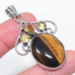 Natural Tiger Eye, Citrine 925 Sterling Silver Jewelry Pendant 2.17 h0t84