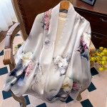 Luksusbr&auml;nd 100% Ehtne siidist sall naistele disaineri sallid ja keep elegantse lillemustriga pashmina pehmed pikad sallid femme hijab gray