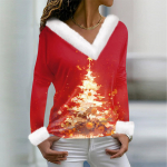 Naiste T-s&auml;rk Tee-J&otilde;ulus&auml;rk pikkade varrukatega pidulik j&otilde;ulutr&uuml;kiga fliiskrae V-kaelus L punane