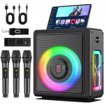 Karaoke masin 3 juhtmevaba mikrofoniga | Bluetooth 5.3 k&otilde;lar kaja reguleerimise ja automaatse helik&otilde;rguse korrigeerimisega | Helis&uuml;steem RGB tuledega