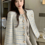 Vintage tviidjakk-mantel Naistele V&auml;ikese l&otilde;hnaga lapitehnika Korea villased k&auml;rbitud mantlid Elegantsed l&uuml;hikesed &uuml;ler&otilde;ivad XS sinine