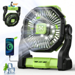 Kaasaskantav telkimisventilaator LED-valgustiga - 20000 mAh laetav aku, reguleeritav 270&deg;/360&deg; disain telkidele roheline