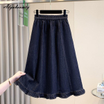 Suur Suurus S&uuml;gis Kevad Naiste Denim Seelik Elastsusega V&ouml;&ouml;koht Sinine Volangidega Seelik Kontori Daam Elegantne Naiselik Naiste Basic Magus Seelik XL-5XL 3XL black