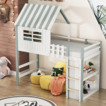 Lastevoodi 90x200 cm K&otilde;rge ja madala katusekujuline Ohutusredeli ja panipaiguga Multifunktsionaalne t&auml;ispuidust voodi lipprestiga Roheline 206 x 120 x 218.5 cm roheline