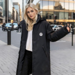 Naiste talvine pikk, &uuml;le p&otilde;lve ulatuv kapuutsiga puuvillane mantel, polsterdatud soe sulemantel S must