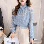 2023. aasta s&uuml;gis, prantsuse stiilis elegantne &scaron;ifoons&auml;rk Naiste topid Moeprinteriga pikkade varrukatega pluus Kontori naiste lahtised riided 28342 S sinine