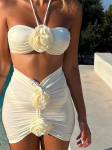 Kolmosaline lilleline paeladega elegantne bikiinikomplekt naistele Kawaii ujumistrikoo seksikas ujumisriietus push-up trikoo naissoost lillelise disainiga rannapeo &scaron;ikid komplektid S valge